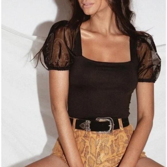 Princess Polly Size 2 Black Puff Sleeve Bodysuit Square Neckline Sheer Stretch - Picture 12 of 12